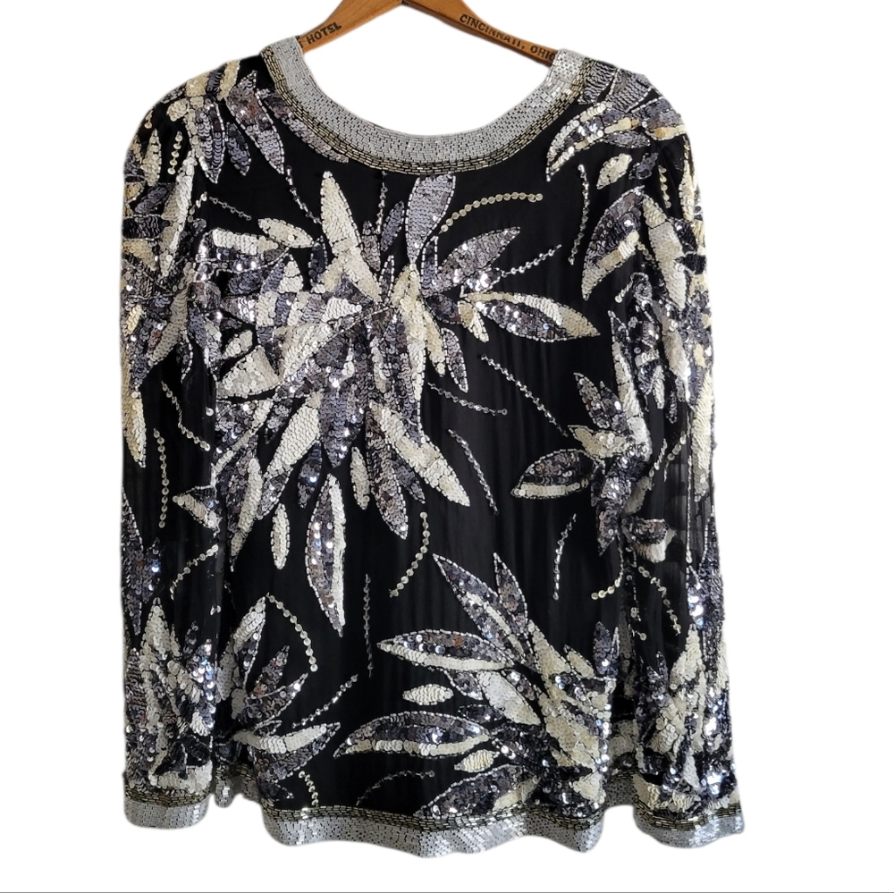 BLACK TIE Oleg Cassini Vintage Beaded Sequin Silk Blouse Small